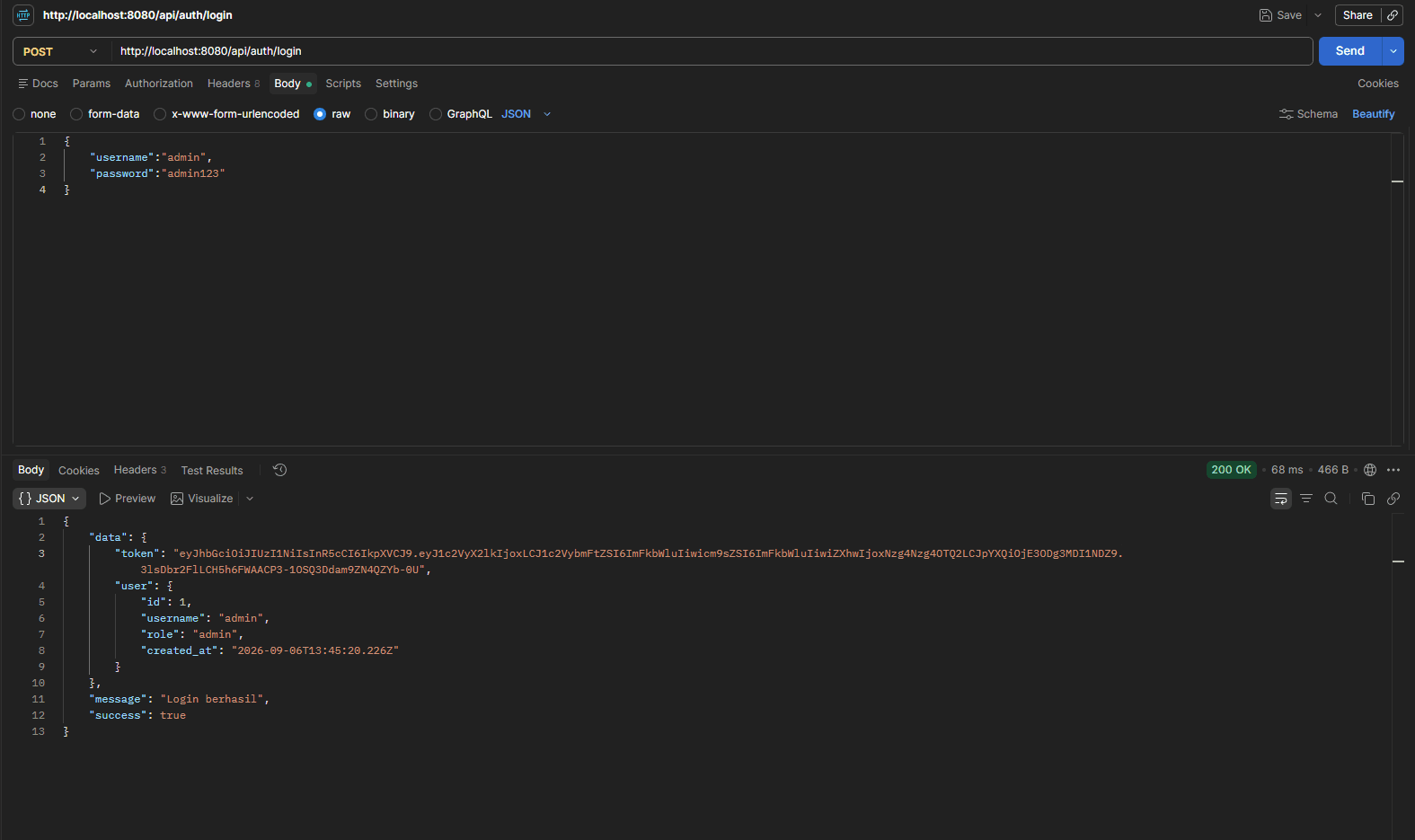 Postman login request returning a JWT token for the Disbursement API.