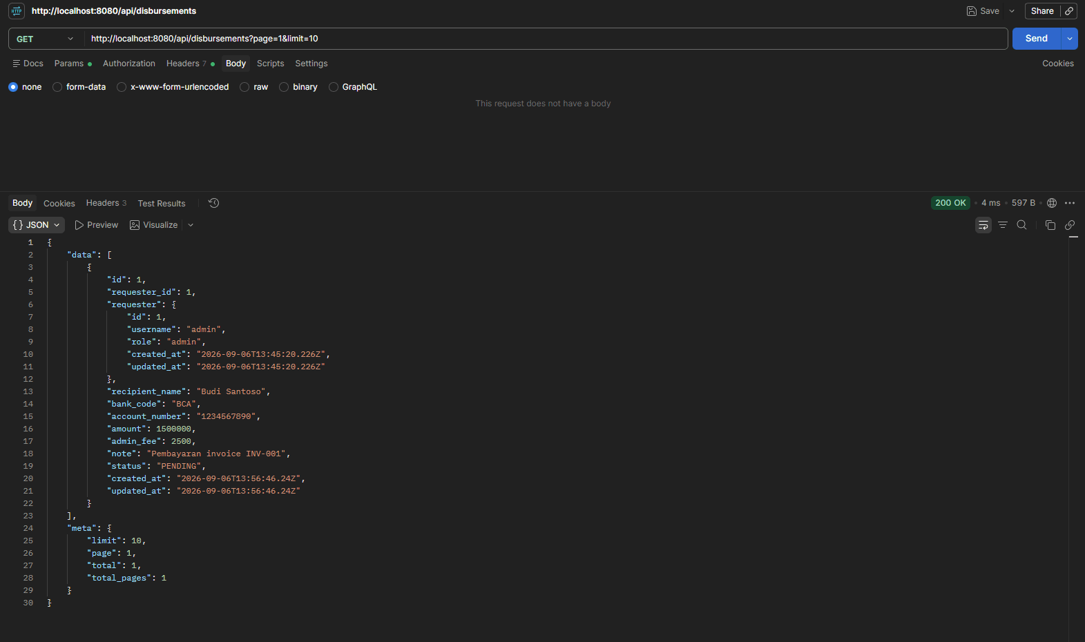 Postman disbursement list endpoint showing paginated results.
